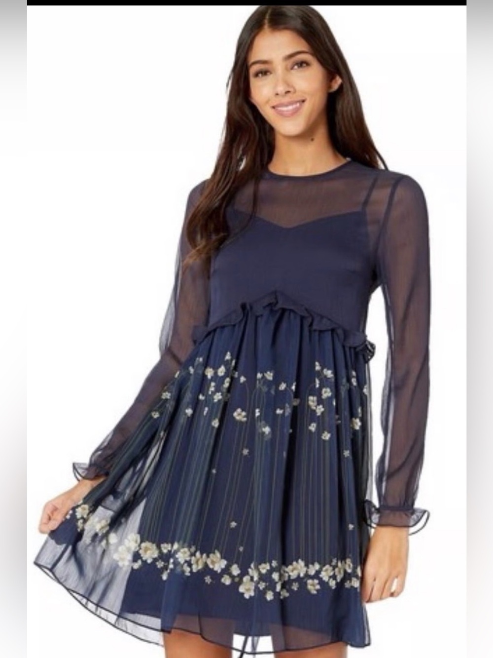 Ted Baker Navy Floral Long Sleeve Chiffon Dress - Picture 4 of 15